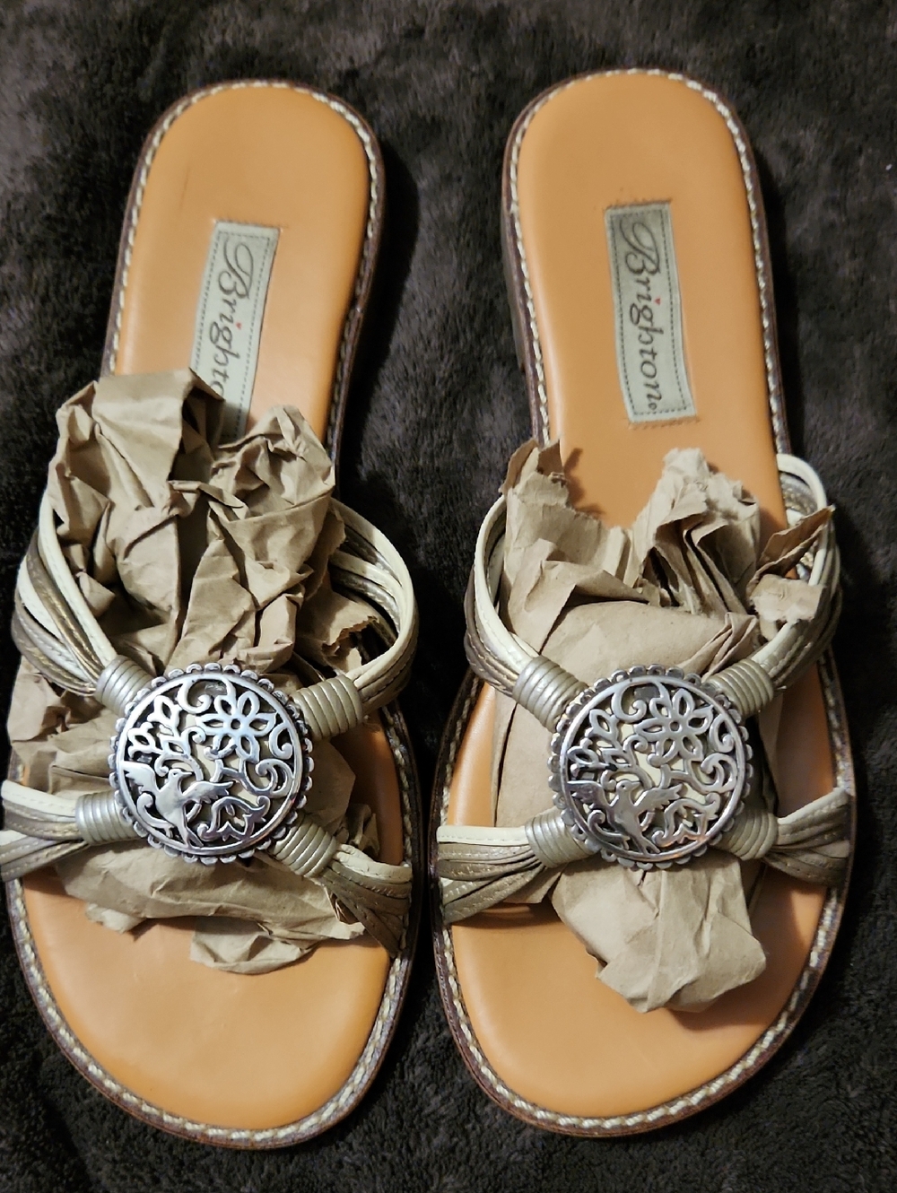 Brighton Tan and Silver Leather Slide Sandals with Decorative Medallions